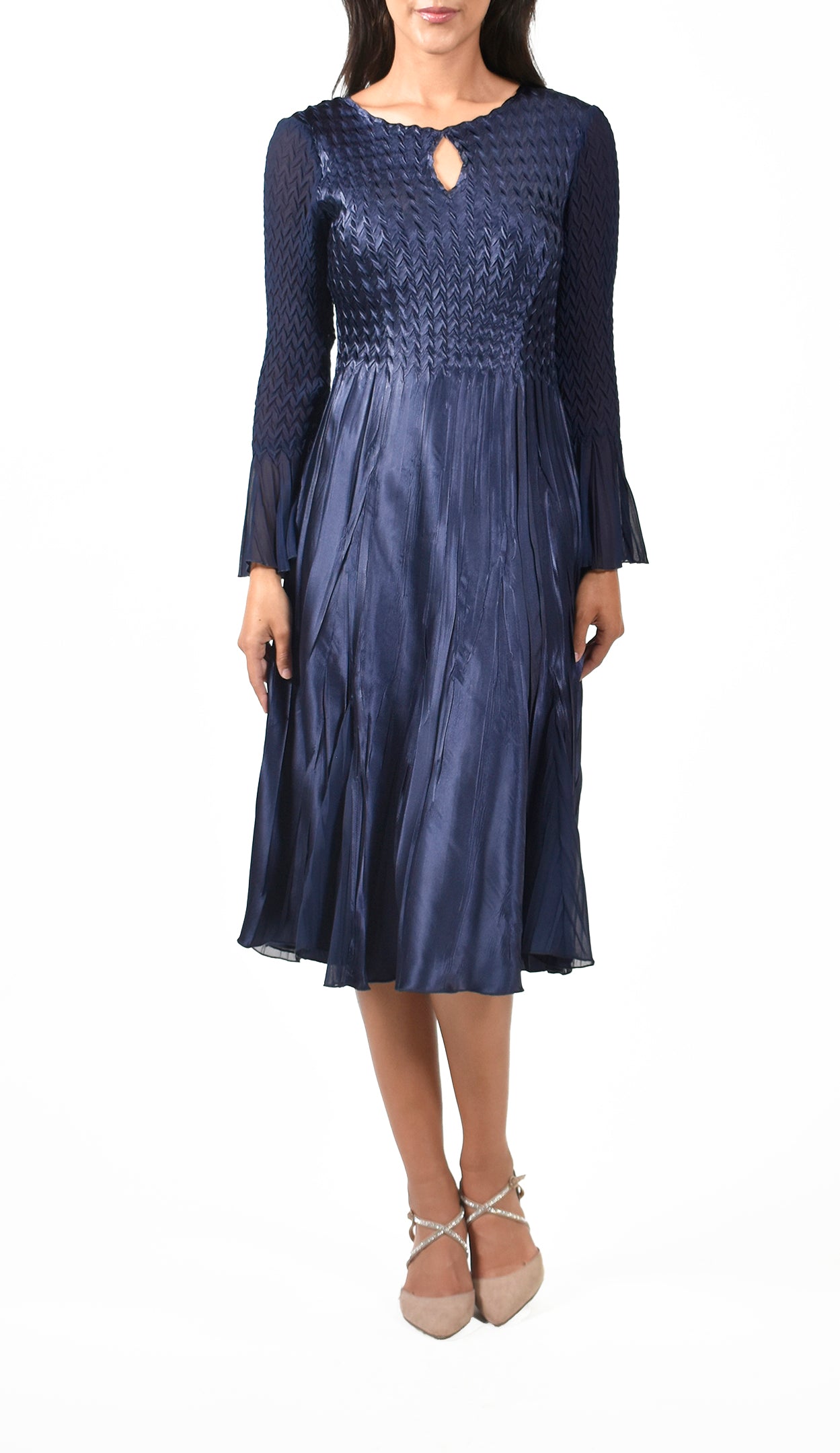 Key Hole Neck Long Sleeve Charmuese Dress