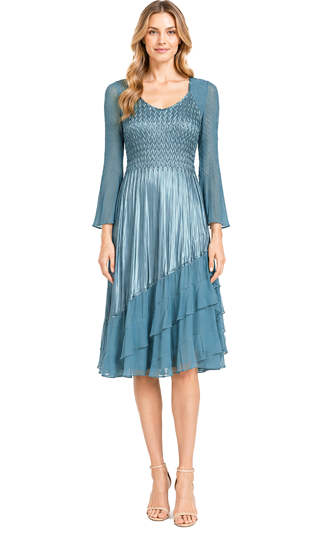 Tulip Sleeve Dress with Chiffon Diagonal Tiers - Komarov Clothing