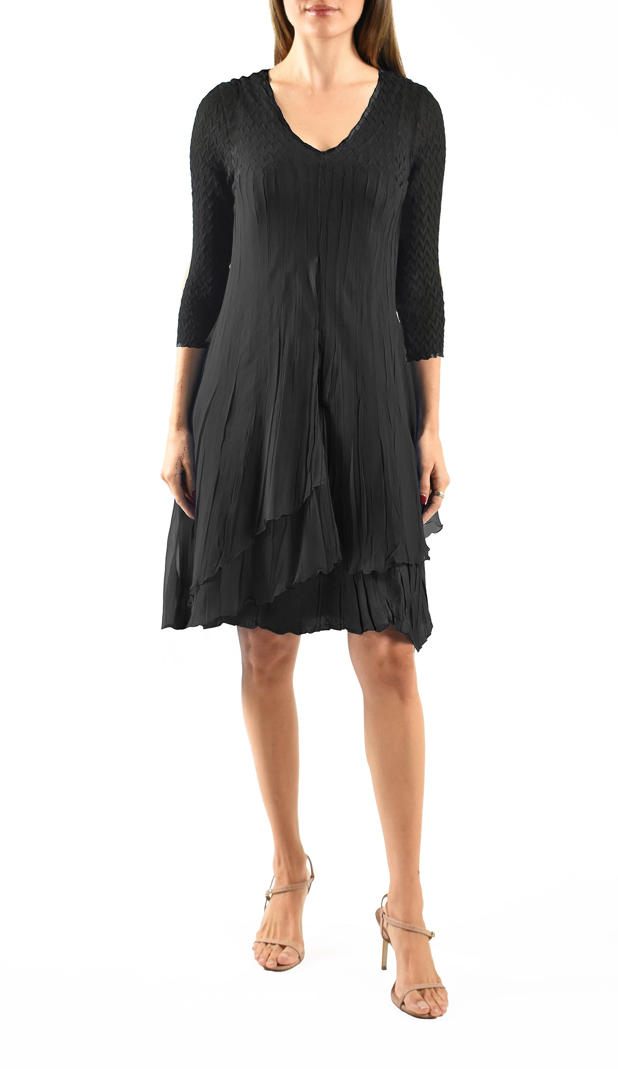3/4 Sleeve Round Neck Chiffon Tiered Dress