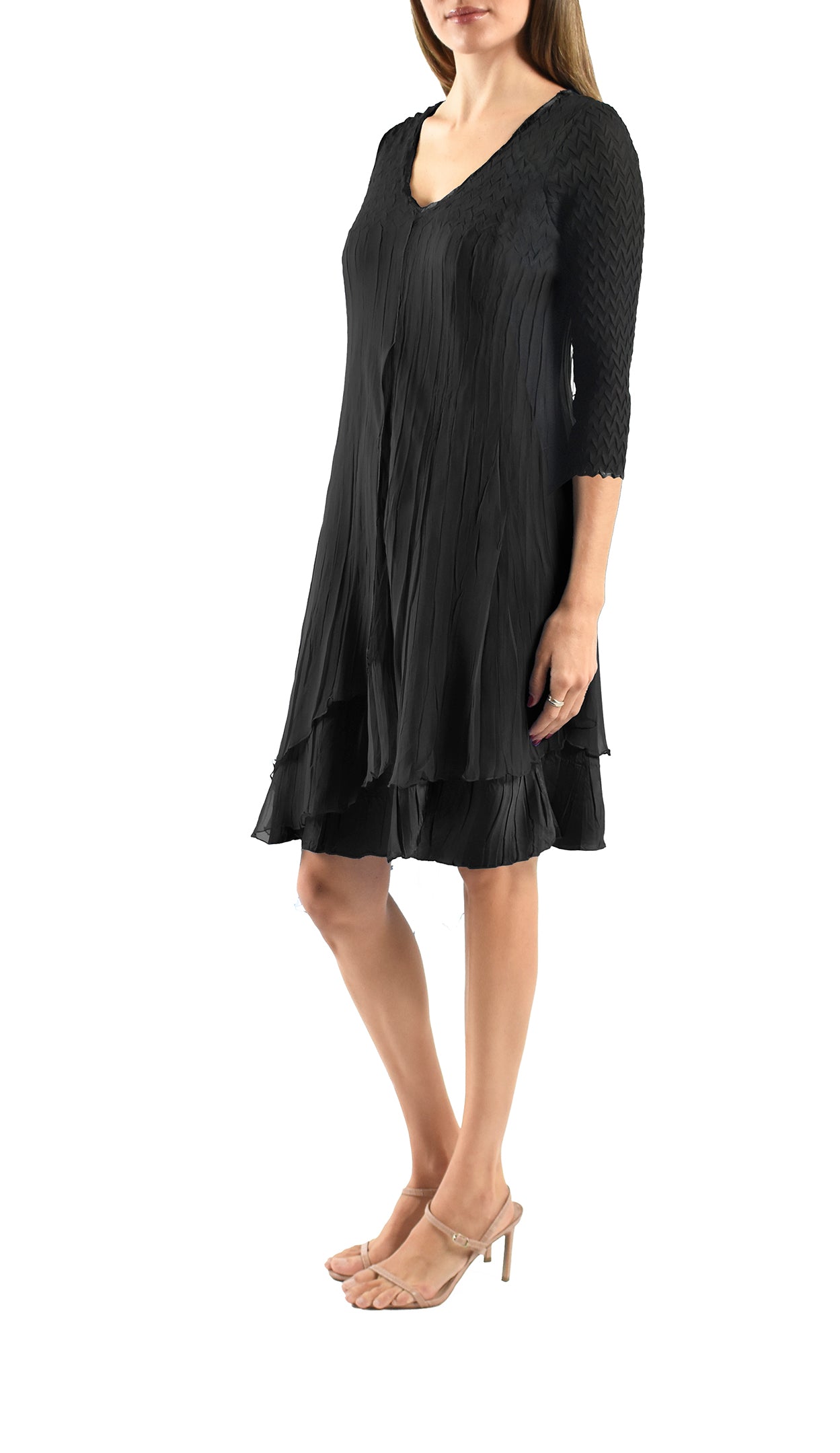 3/4 Sleeve Round Neck Chiffon Tiered Dress