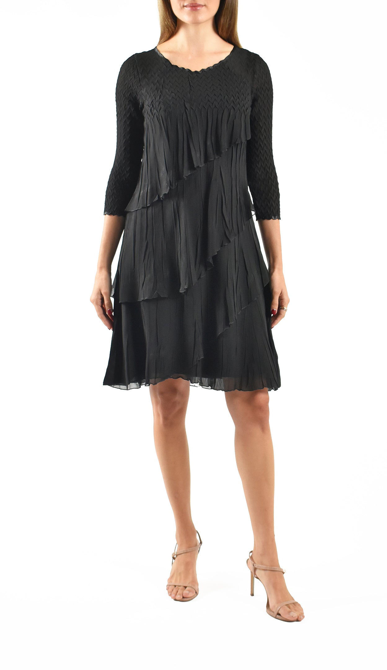 3/4 Sleeve Round Neck Chiffon Tiered Dress