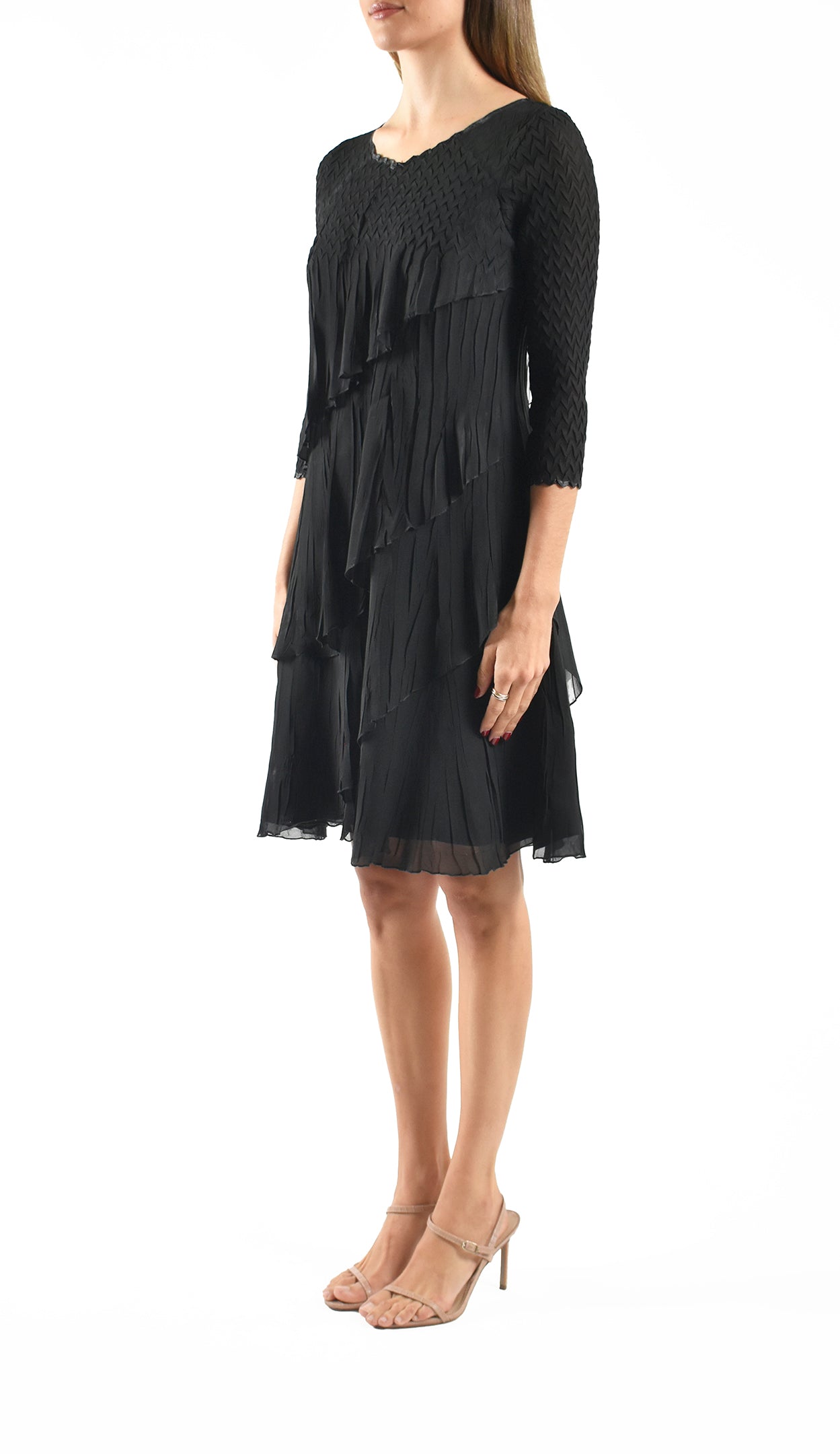 3/4 Sleeve Round Neck Chiffon Tiered Dress