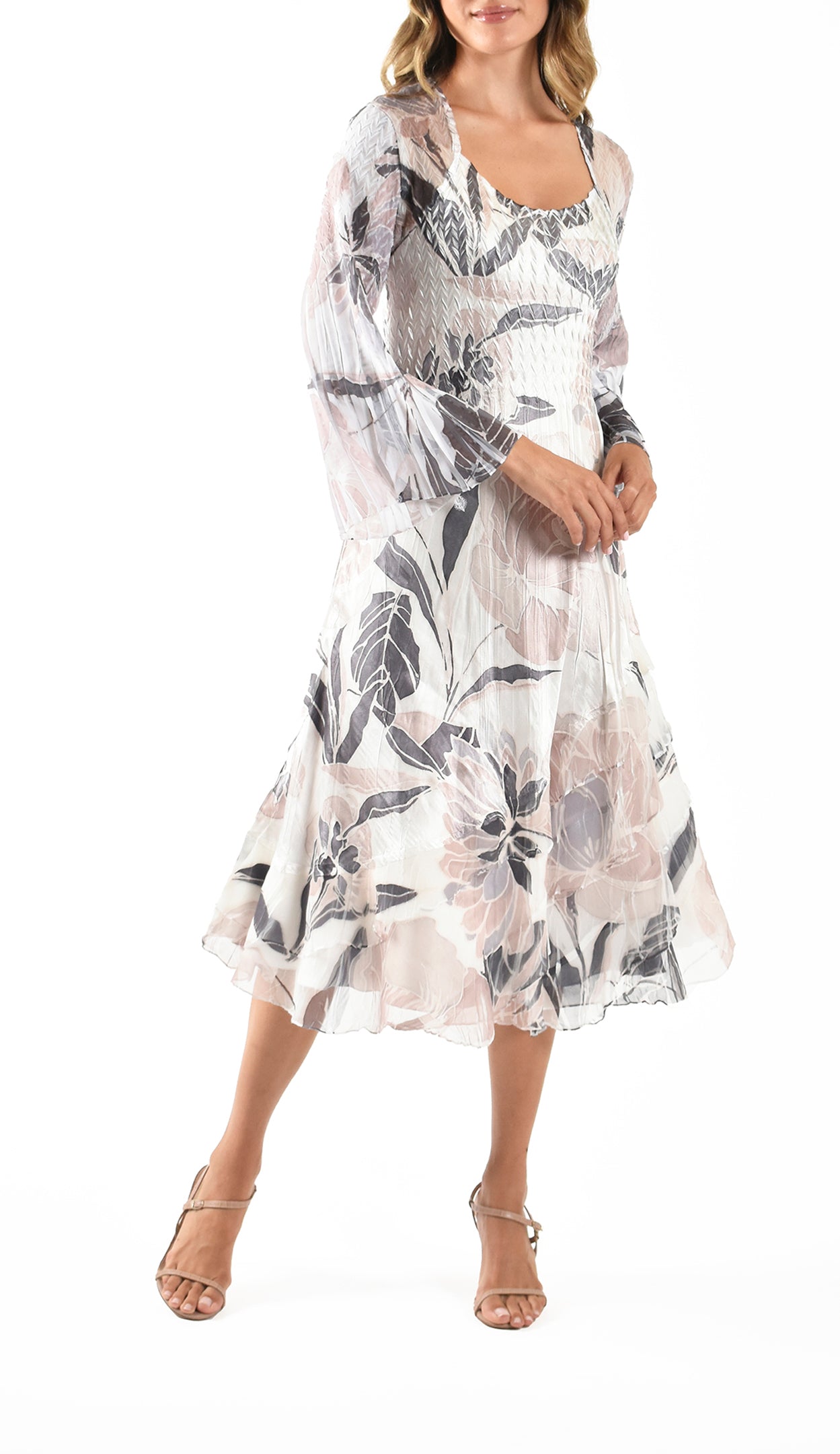 Chiffon Wide Sleeve Dress w/ Tiered Diagonal Layer Chiffon Wide Sleeve Dress w/ Tiered Diagonal Layer