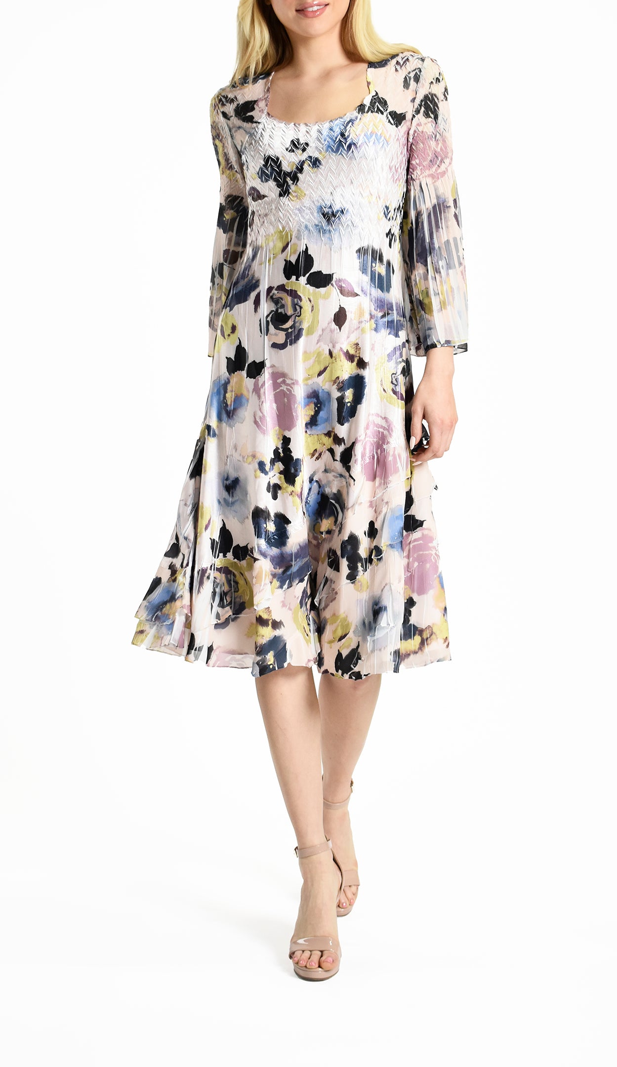 Chiffon Wide Sleeve Dress w/ Tiered Diagonal Layer