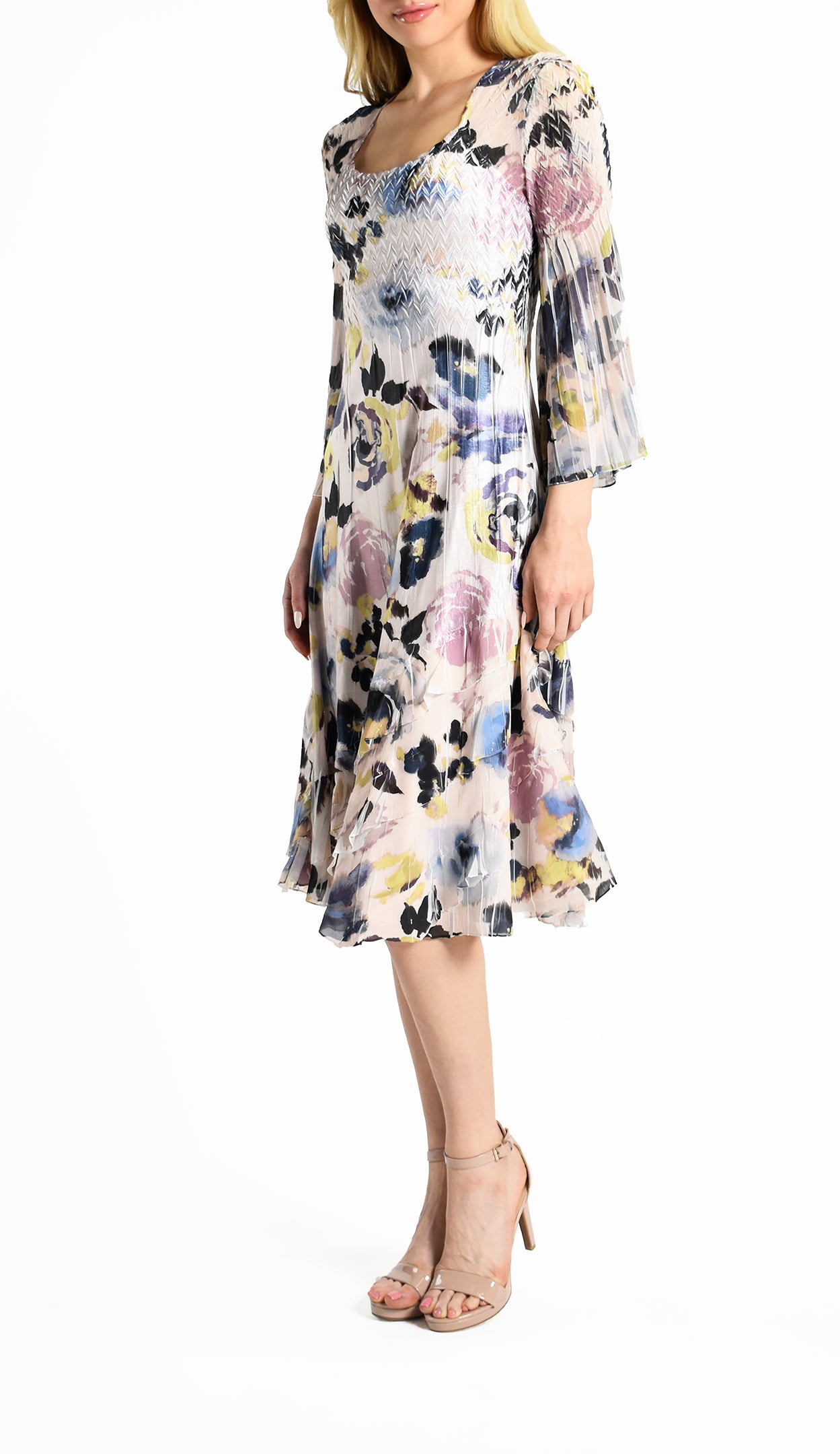 Chiffon Wide Sleeve Dress w/ Tiered Diagonal Layer