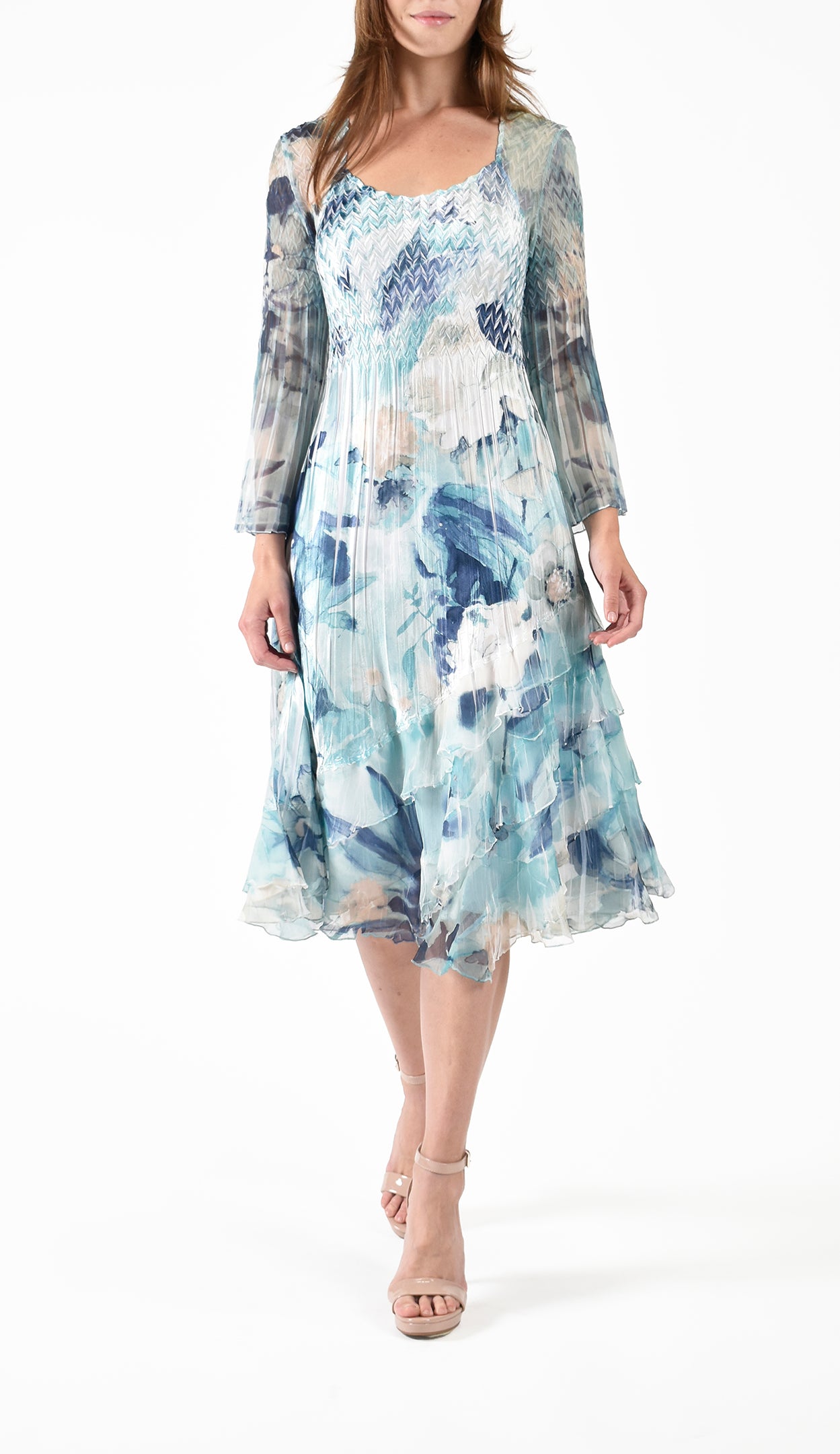 Chiffon Wide Sleeve Dress w/ Tiered Diagonal Layer