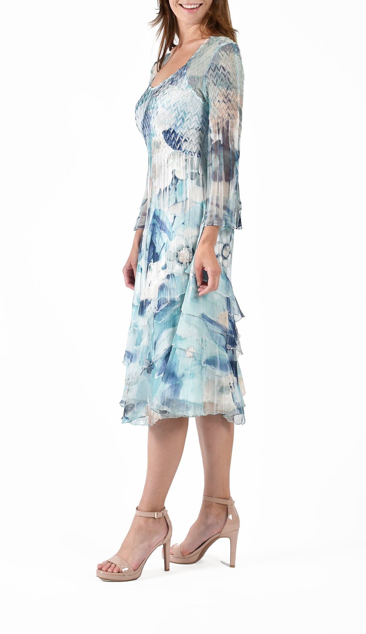 Chiffon Wide Sleeve Dress w/ Tiered Diagonal Layer