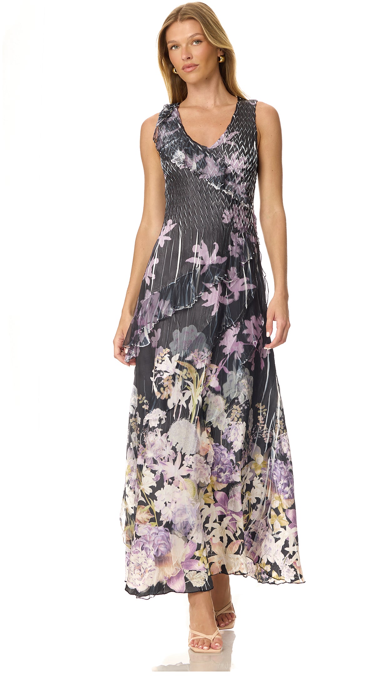 komarov maxi dress Komarov Maxi Printed Dress With Cascading Ruffle, Womens, L, Summer Meadow