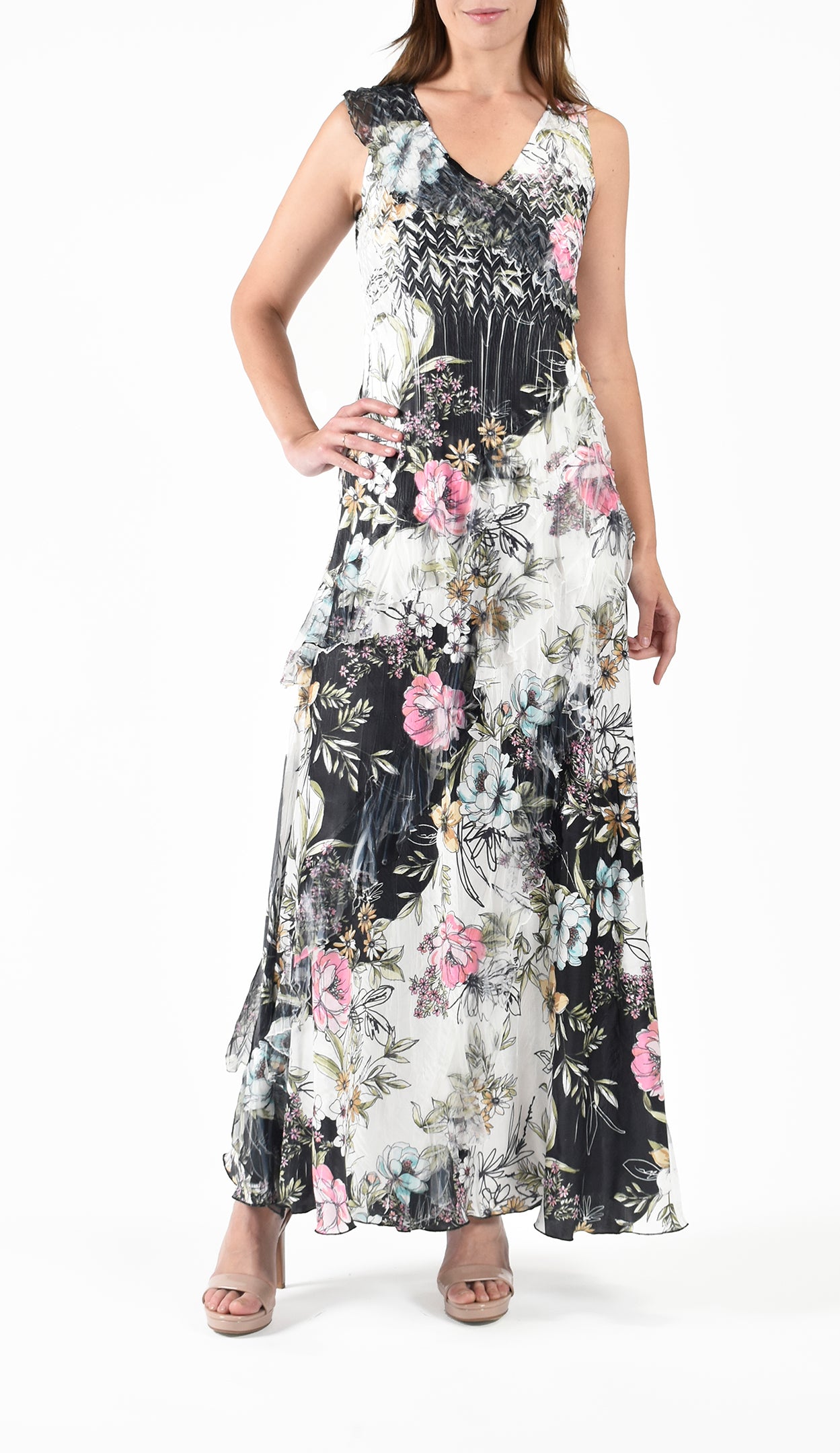 lv maxi dress S/L V NECK RUFFLE DRESS - Komarov Clothing Official Site