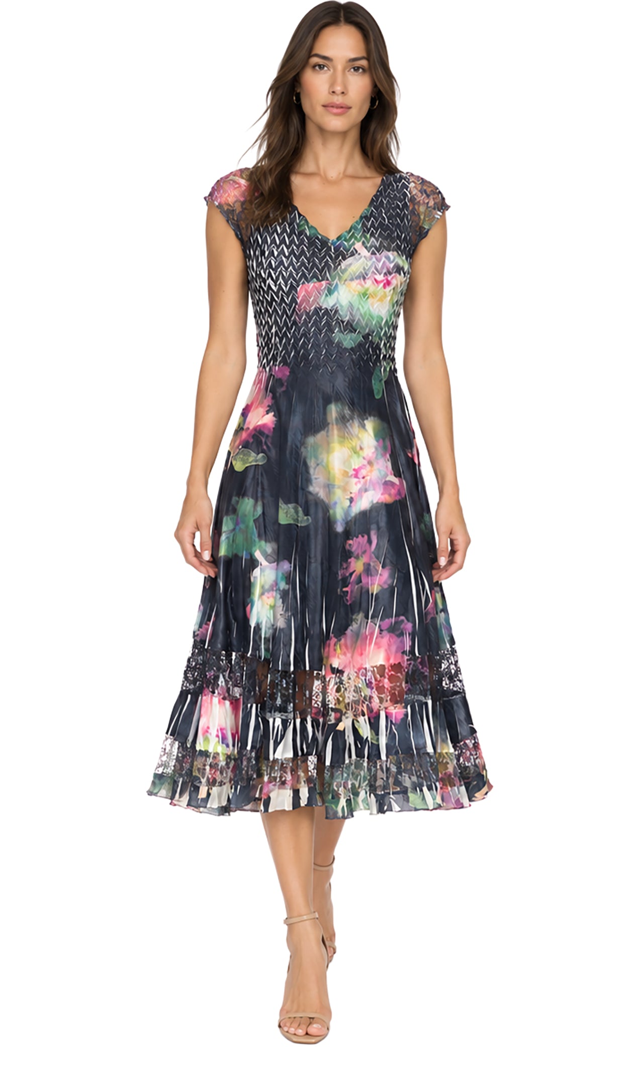 Cap Sleeve Charmuese Dress with Lace Detail