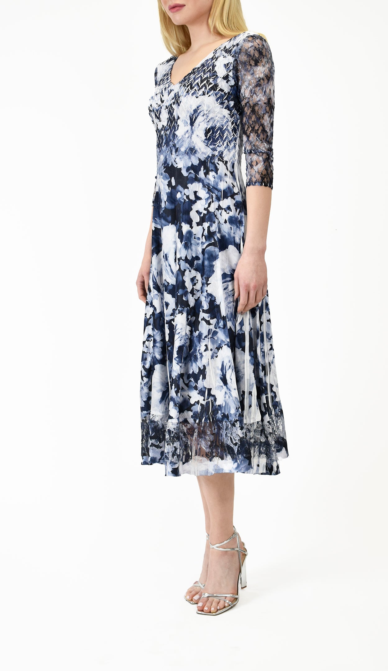 Komarov V-Neck Sheer Hem 3/4 Sleeve Midnight Vine Floral Print Charmeuse  Midi Dress