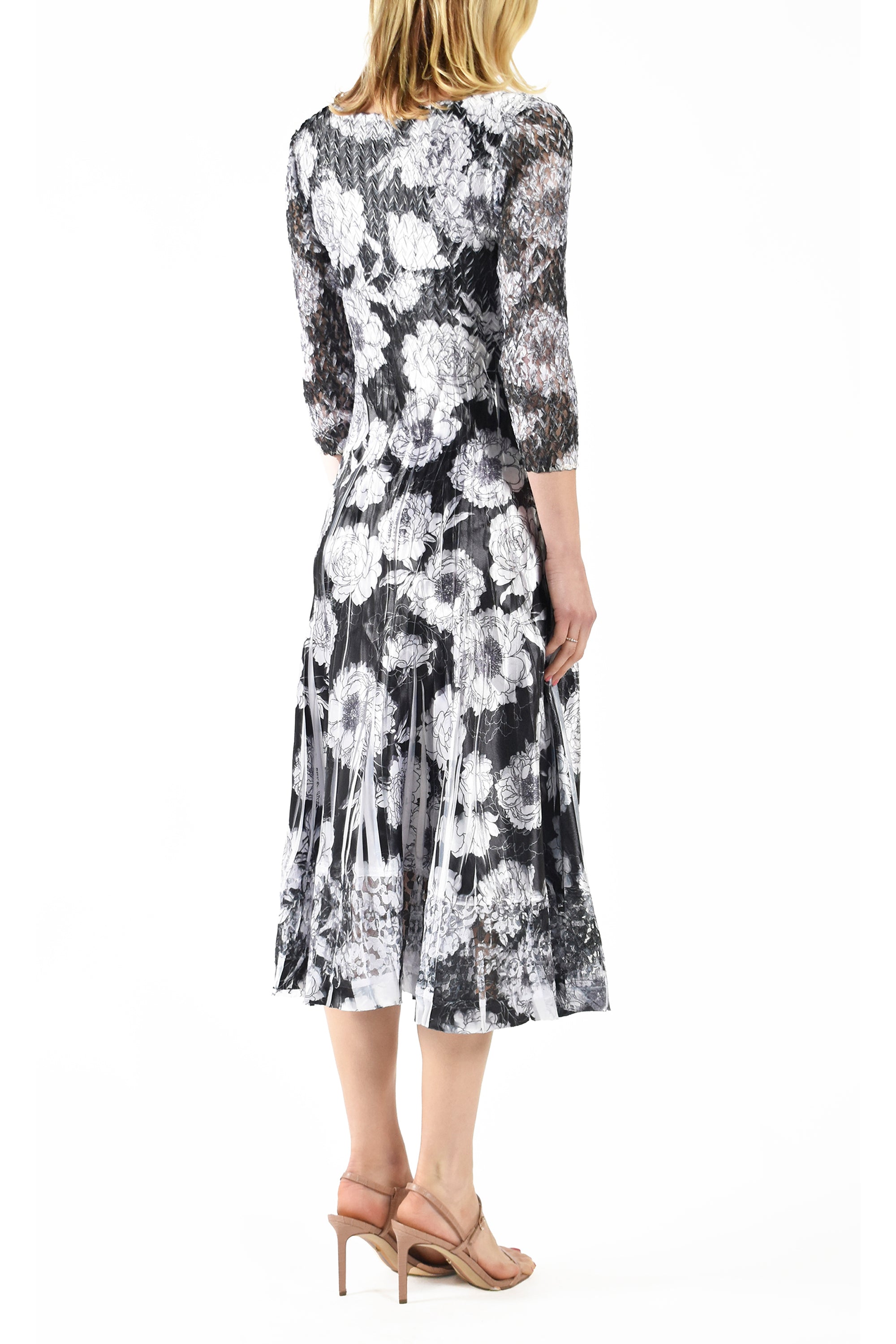 Balck Crysanthemum Charmeuse 3/4 Sleeve Dress