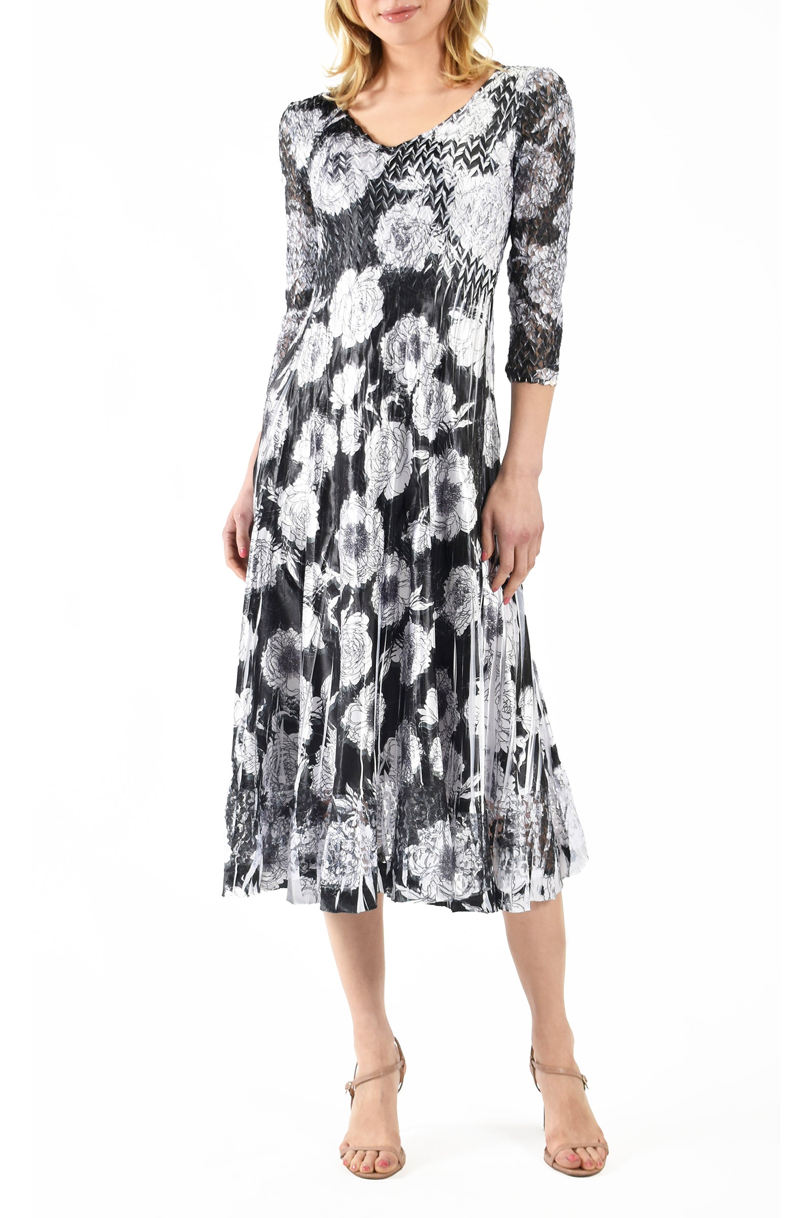 Balck Crysanthemum Charmeuse 3/4 Sleeve Dress
