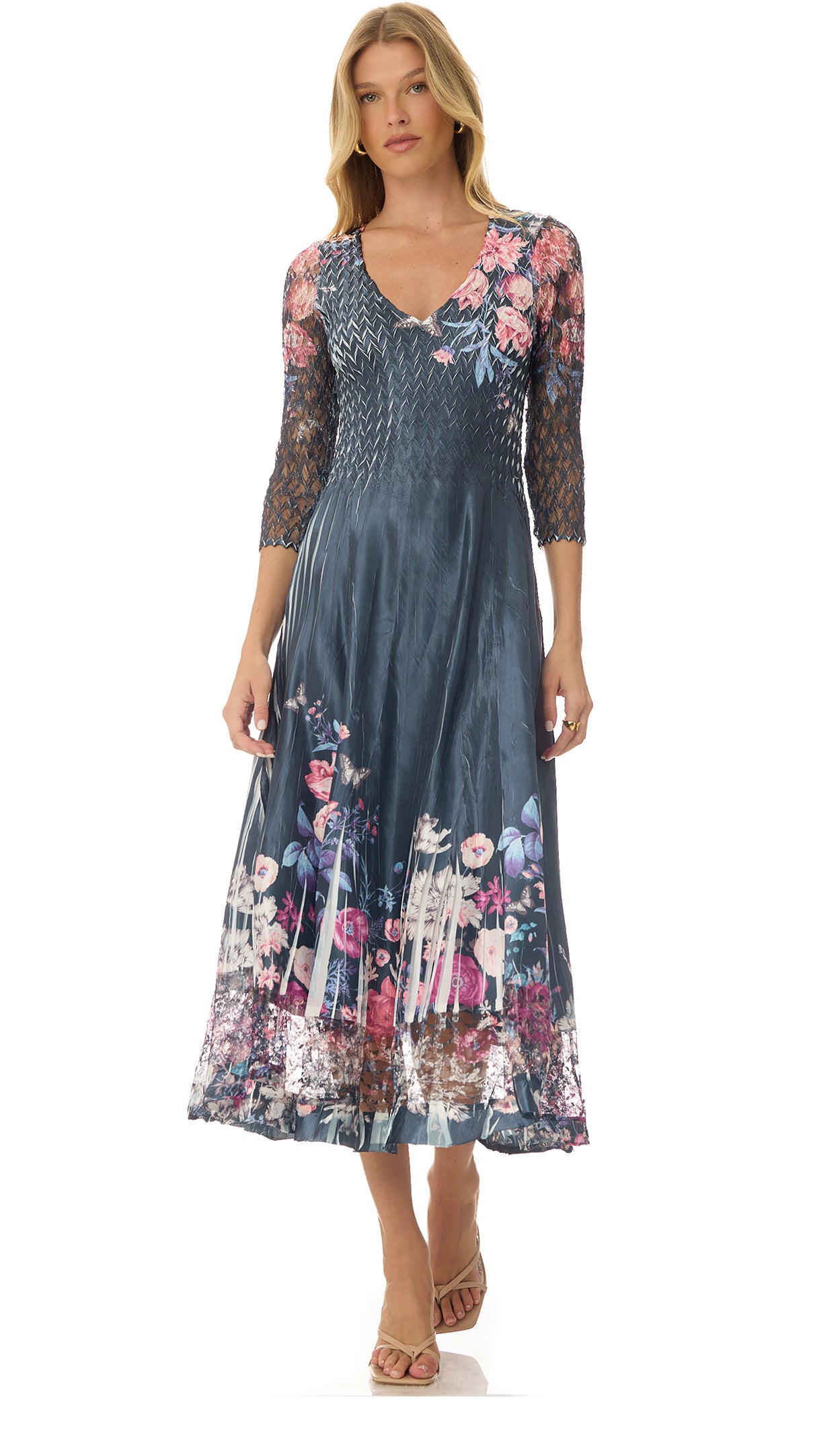 Lace 3/4 Sleeve Charmuese Dress