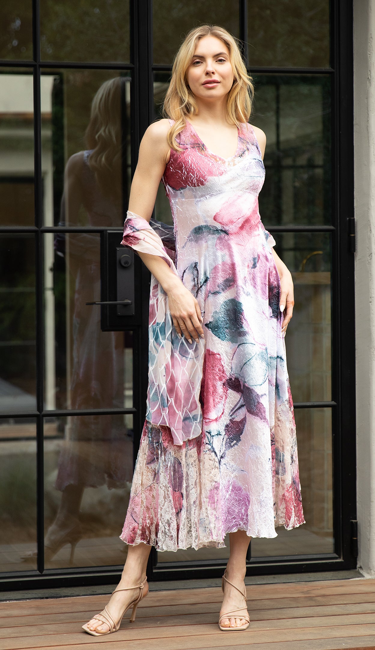 komarov dresses LACE 3/4 SLEEVE DRESS-BEACH CAFE OMBRE-KOMAROV neck Three Ava Dress - Komarov Clothing