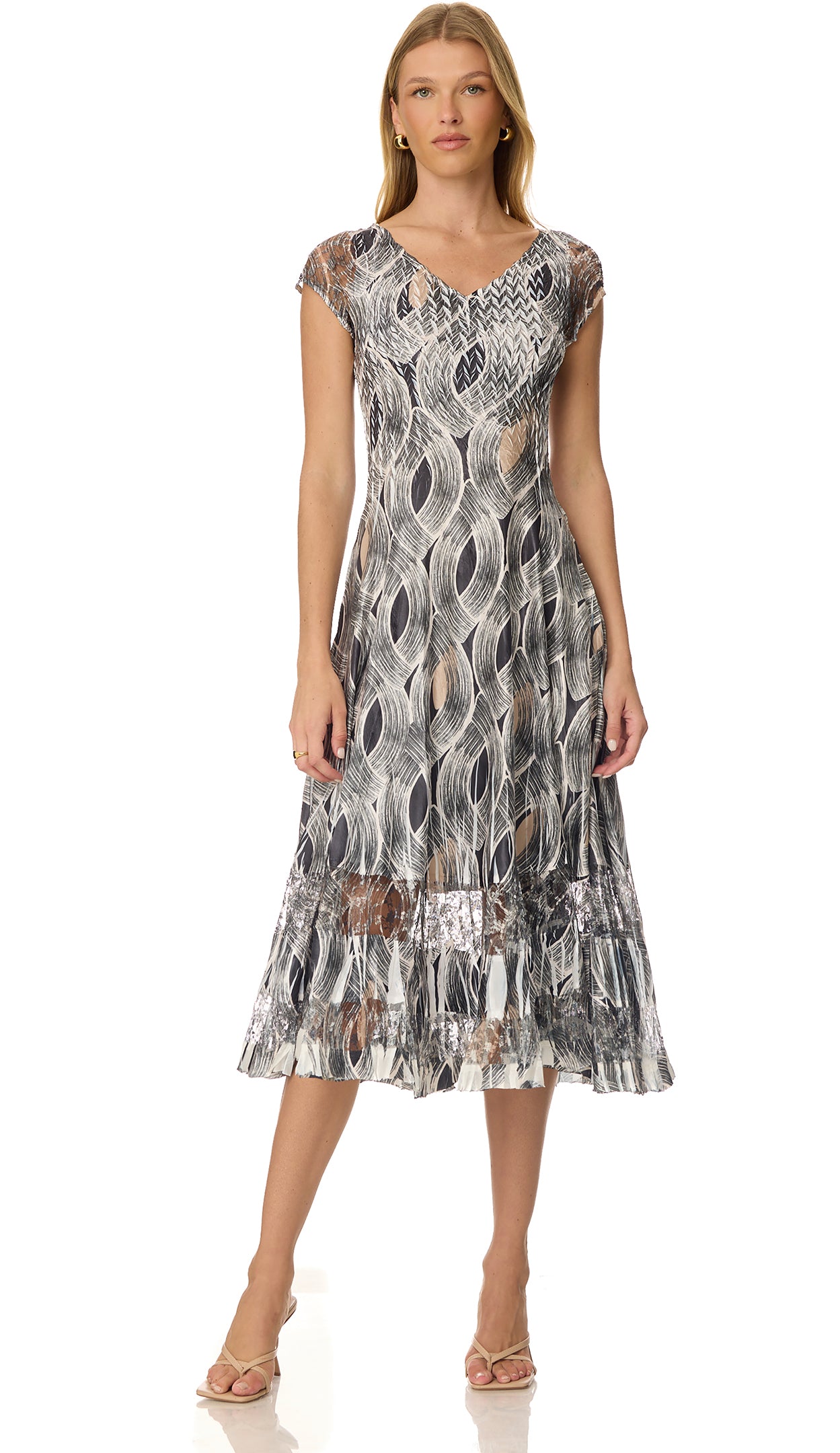 Cap Sleeve Charmuese Dress with Lace Detail