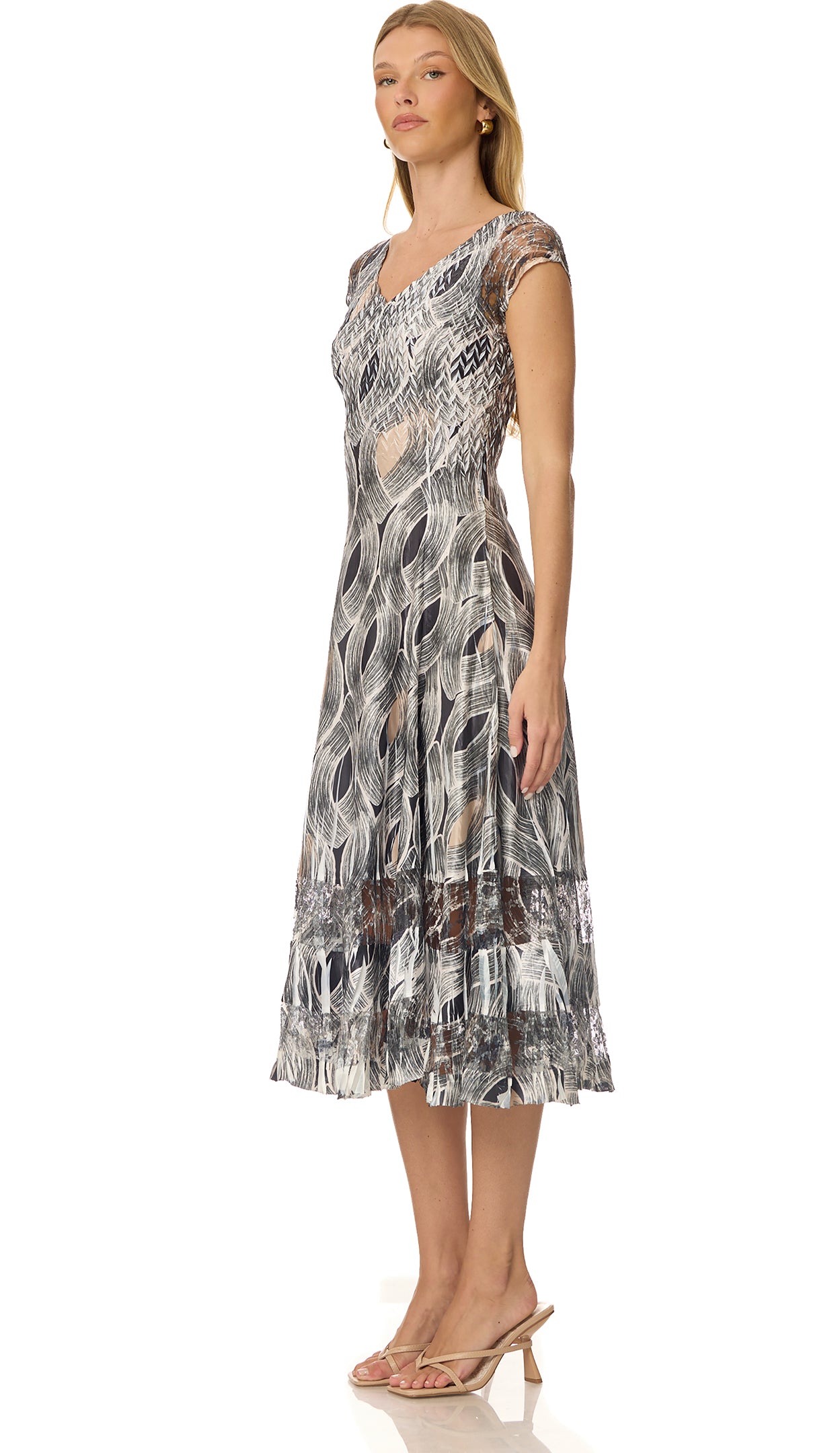 Cap Sleeve Charmuese Dress with Lace Detail