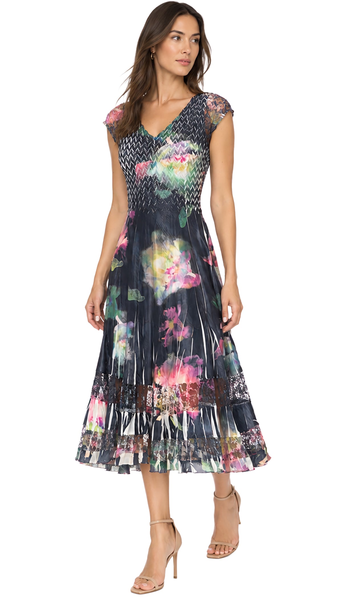 Cap Sleeve Charmuese Dress with Lace Detail
