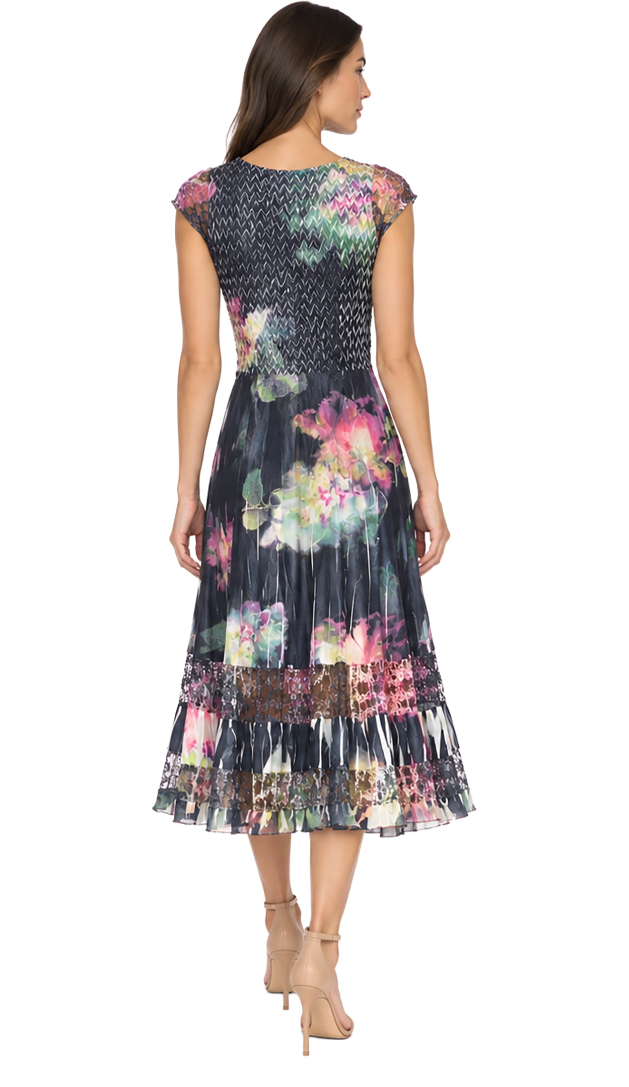 Cap Sleeve Charmuese Dress with Lace Detail