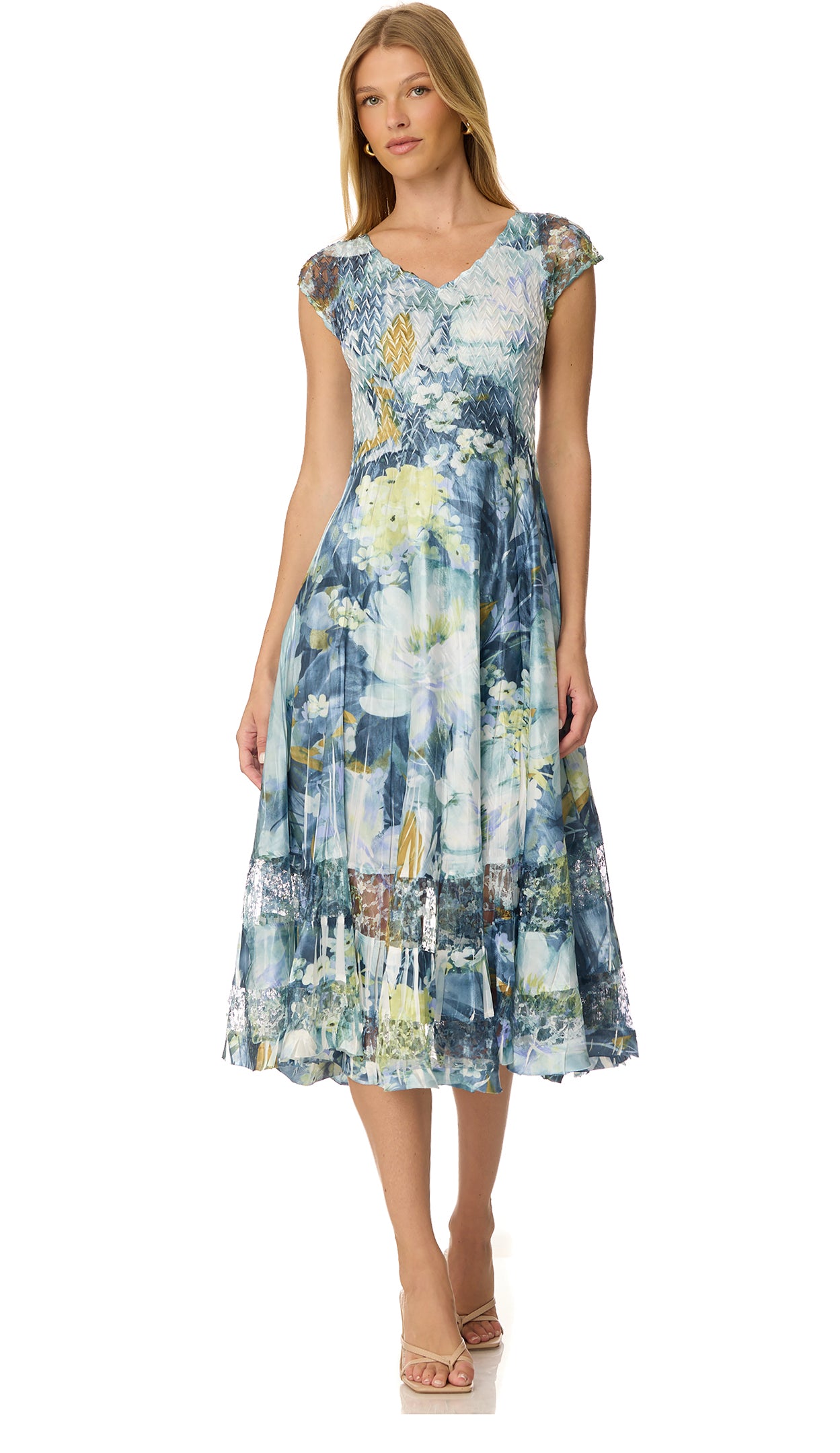 Cap Sleeve Charmuese Dress with Lace Detail