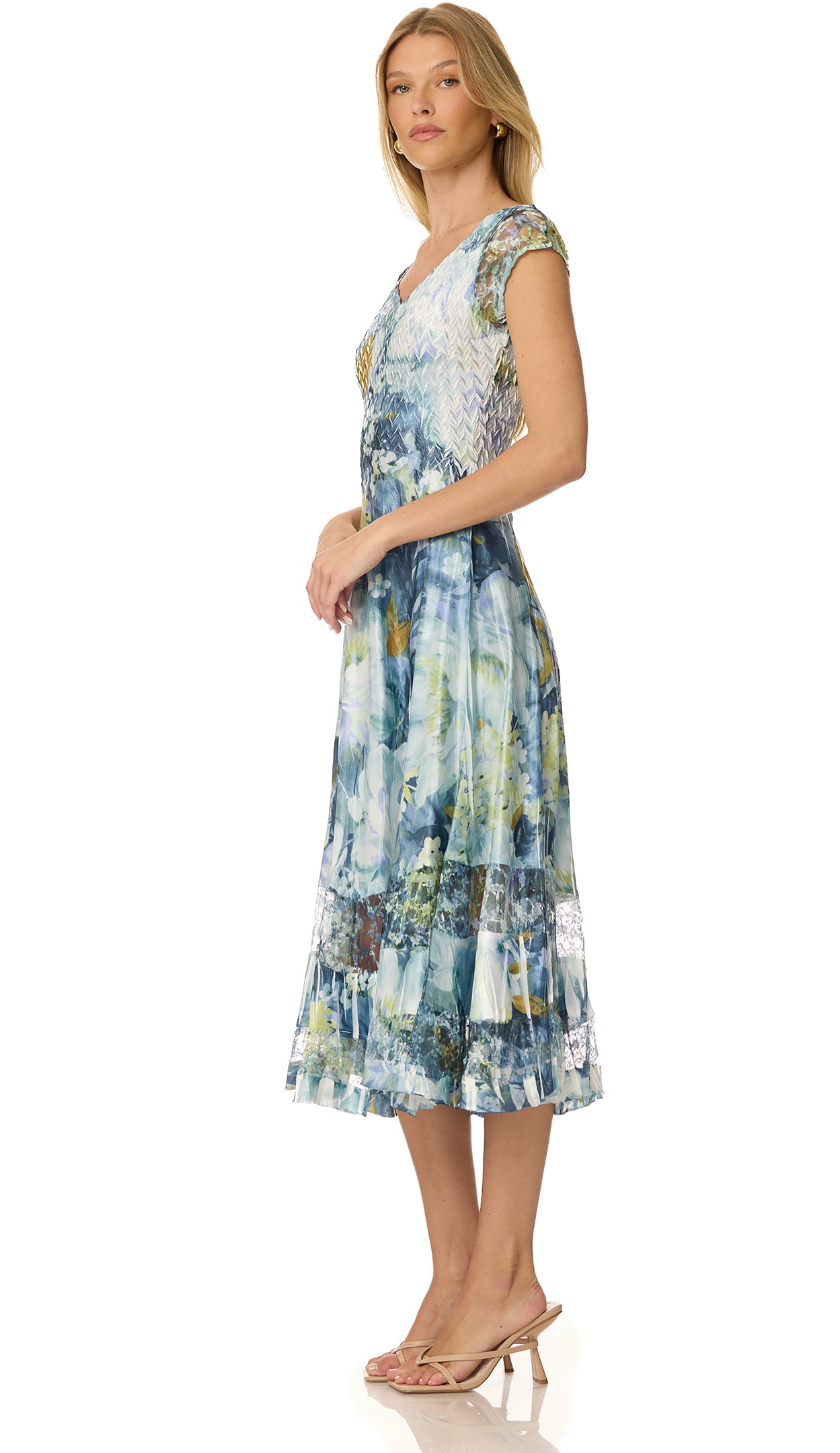 Cap Sleeve Charmuese Dress with Lace Detail