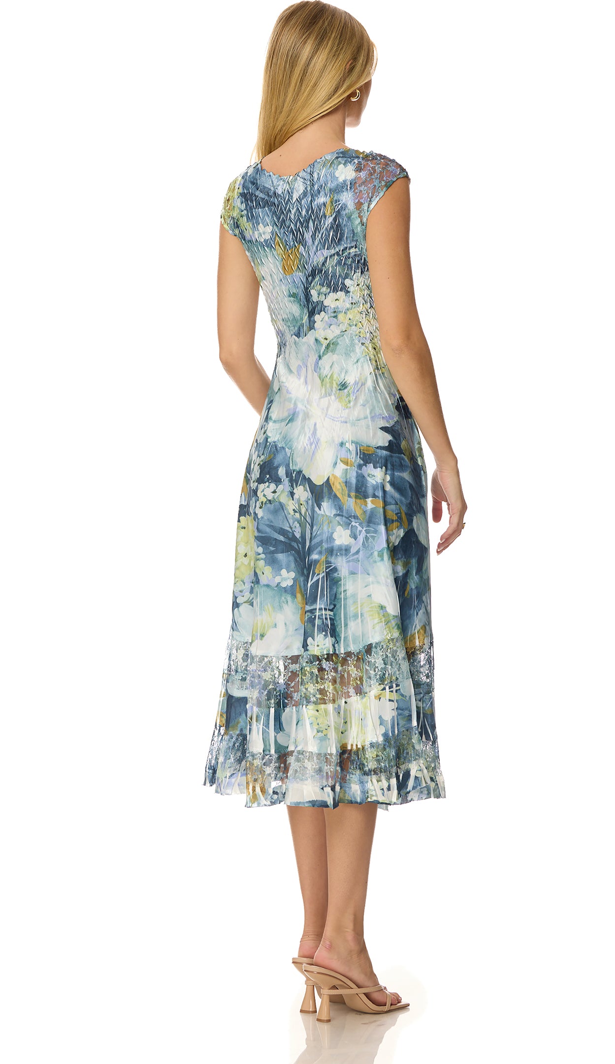 Cap Sleeve Charmuese Dress with Lace Detail