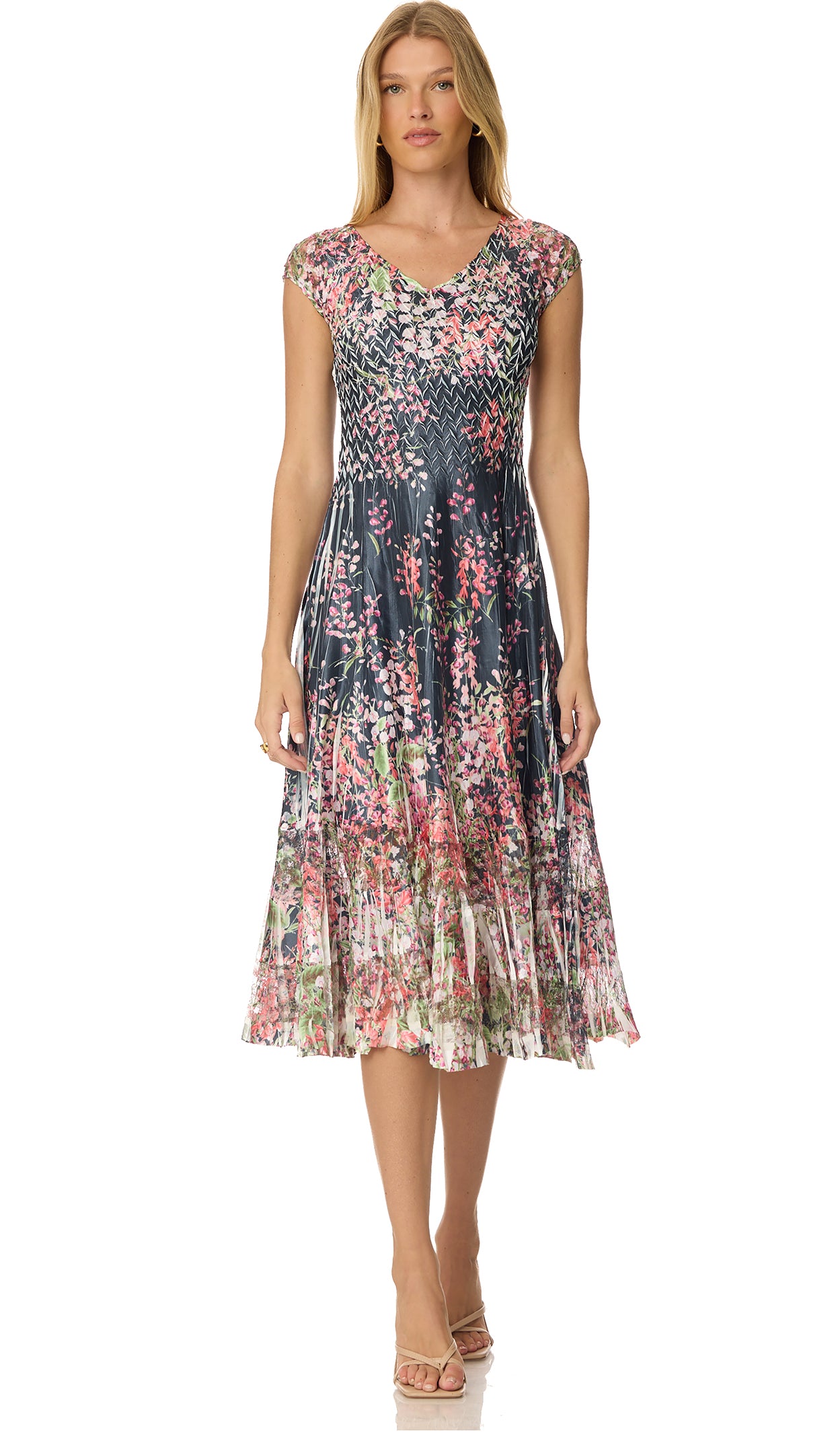 Cap Sleeve Charmuese Dress with Lace Detail