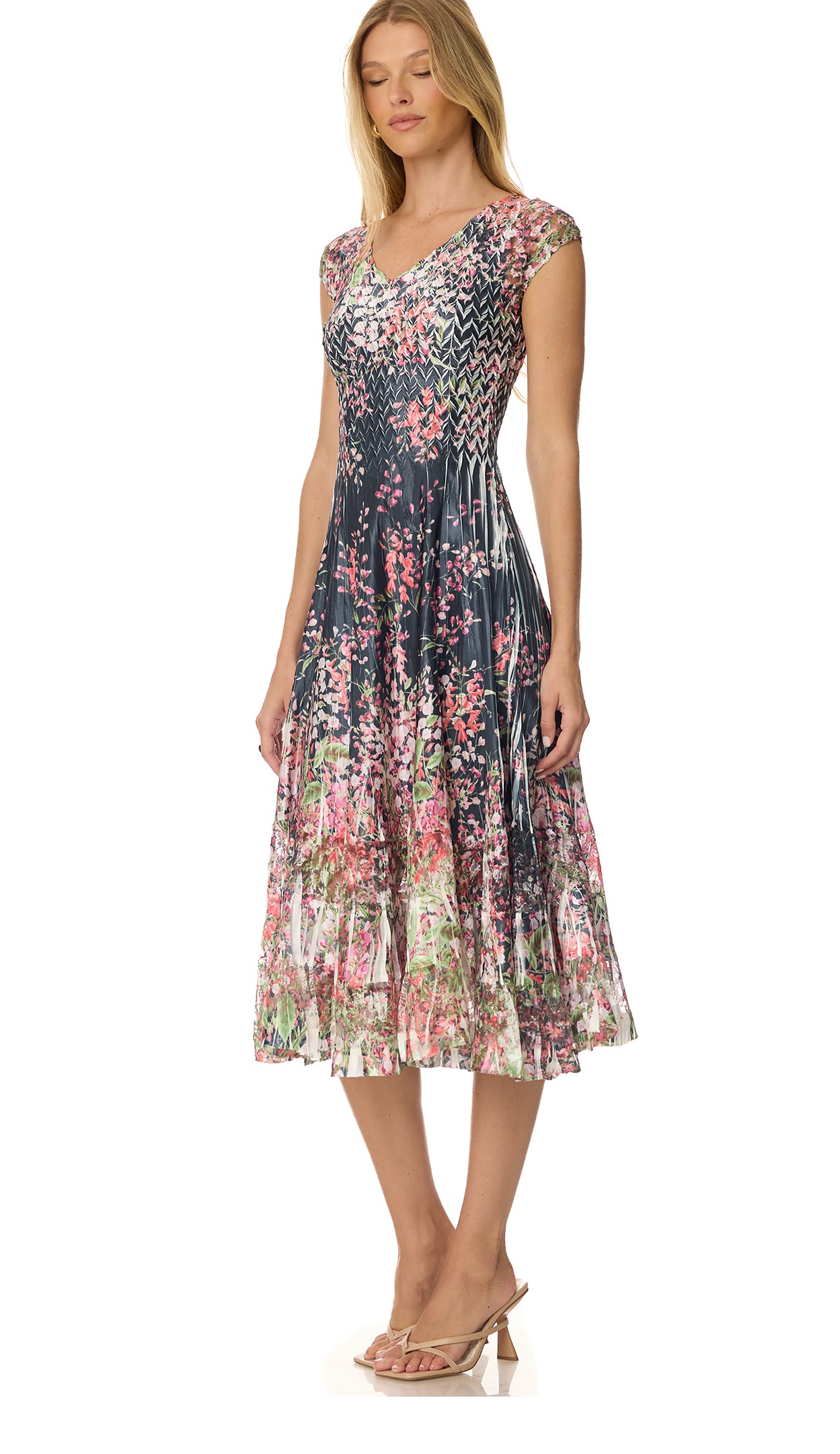 Cap Sleeve Charmuese Dress with Lace Detail