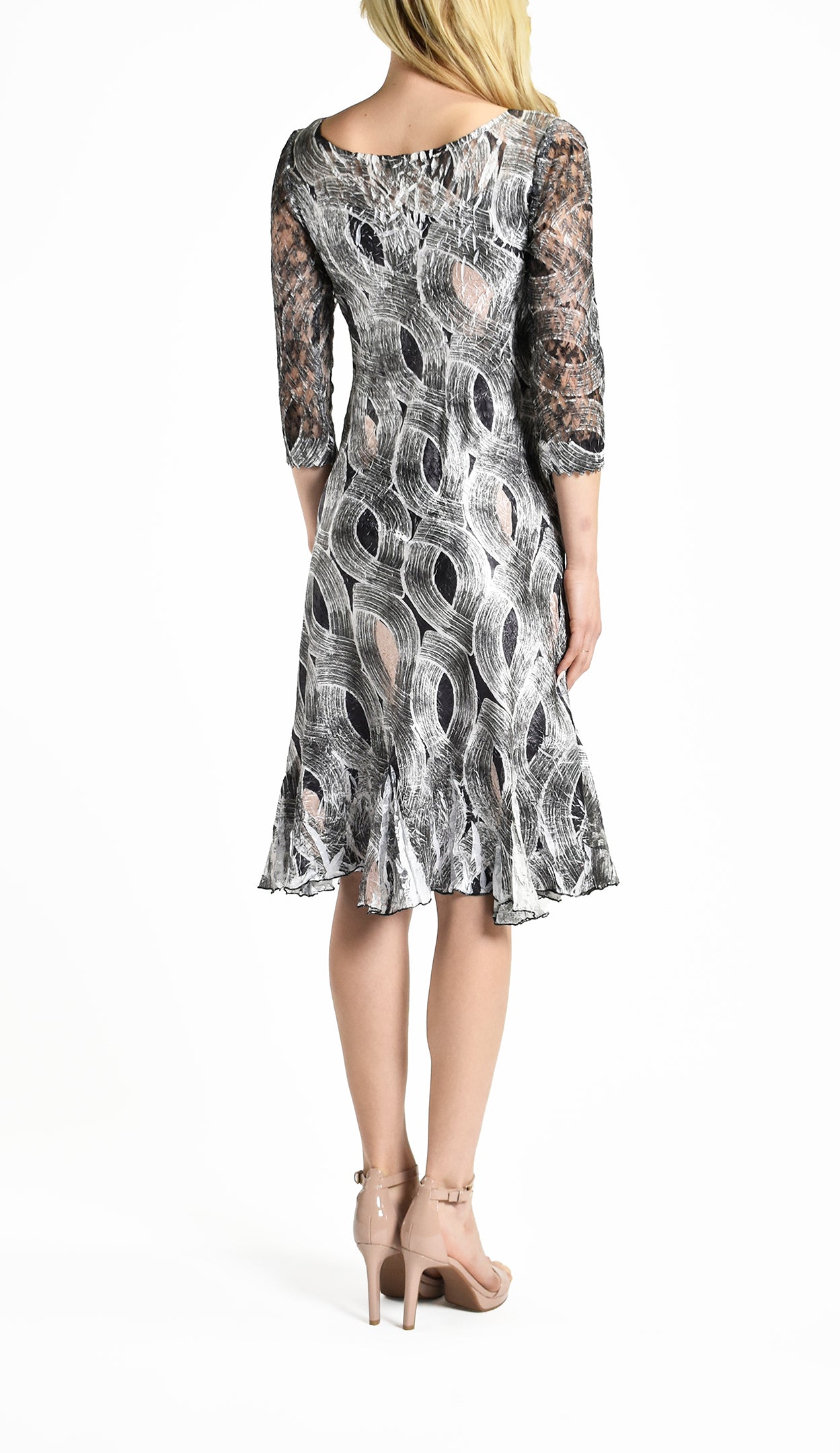 Komarov newest Neutral Bell Sleeve Printed Crinkle Lace Dress S