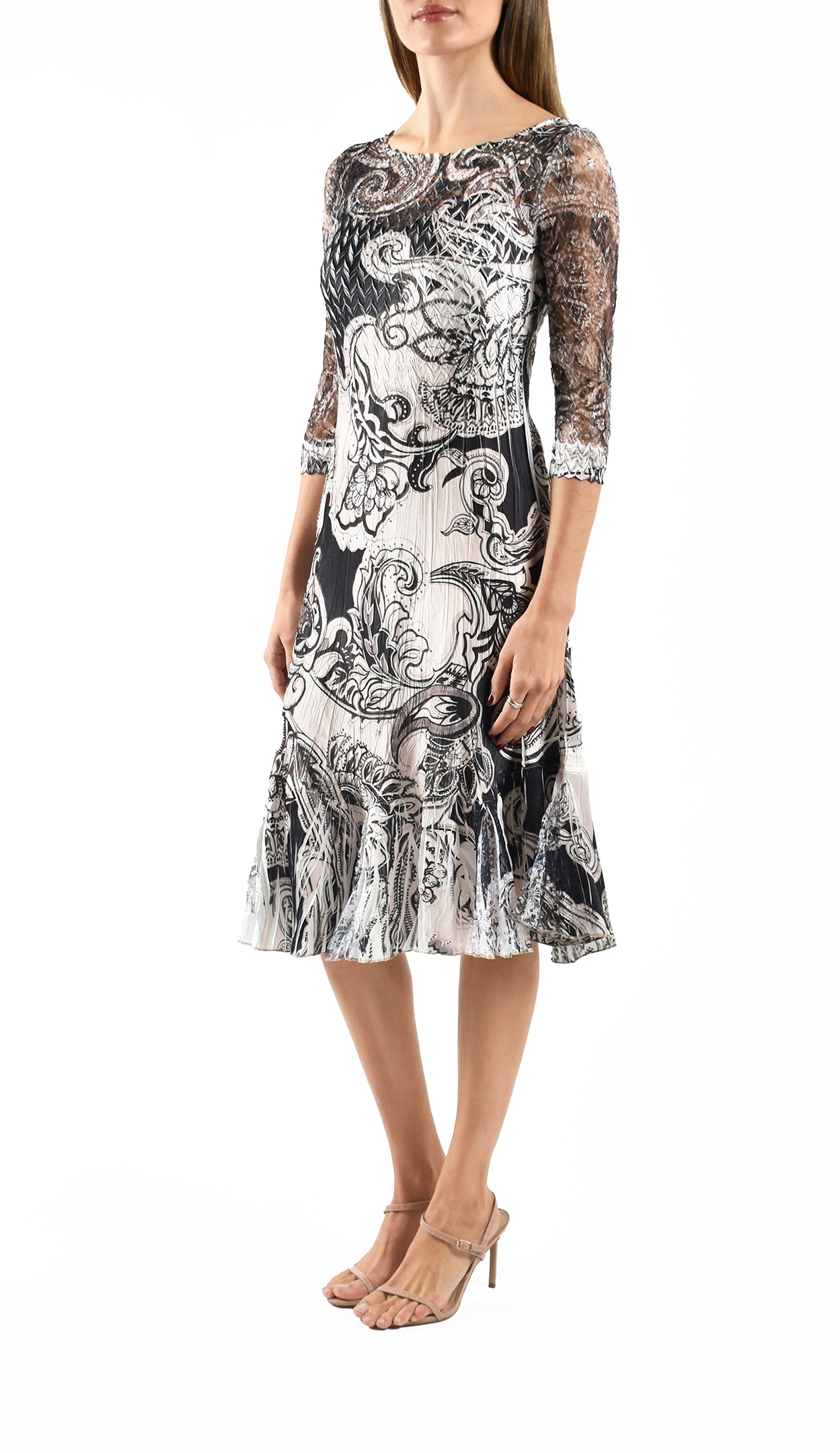 komarov midi dresses Komarov Lace Sleeve Charmeuse Midi Dress