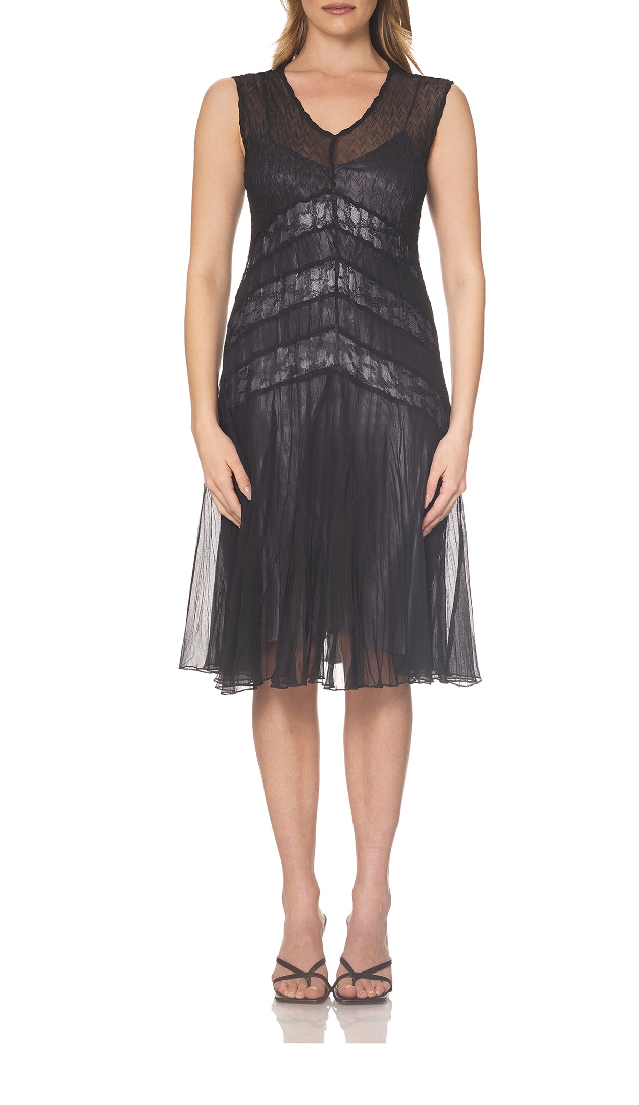 Chiffon Cap Sleeve Dress with Lace Insets