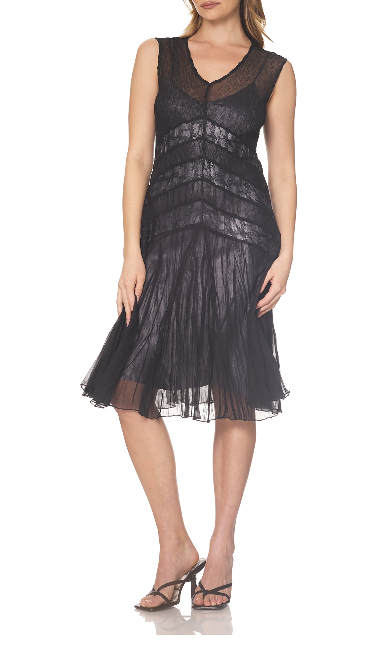 Chiffon Cap Sleeve Dress with Lace Insets