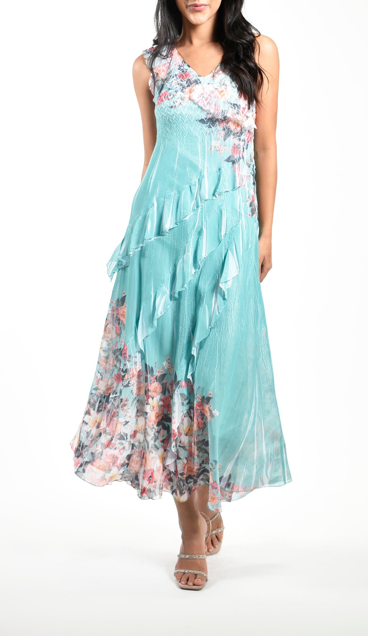 lace puff dress Long Floral-Print Prom Dress with Puff Sleeves Cream / 6 main image 1