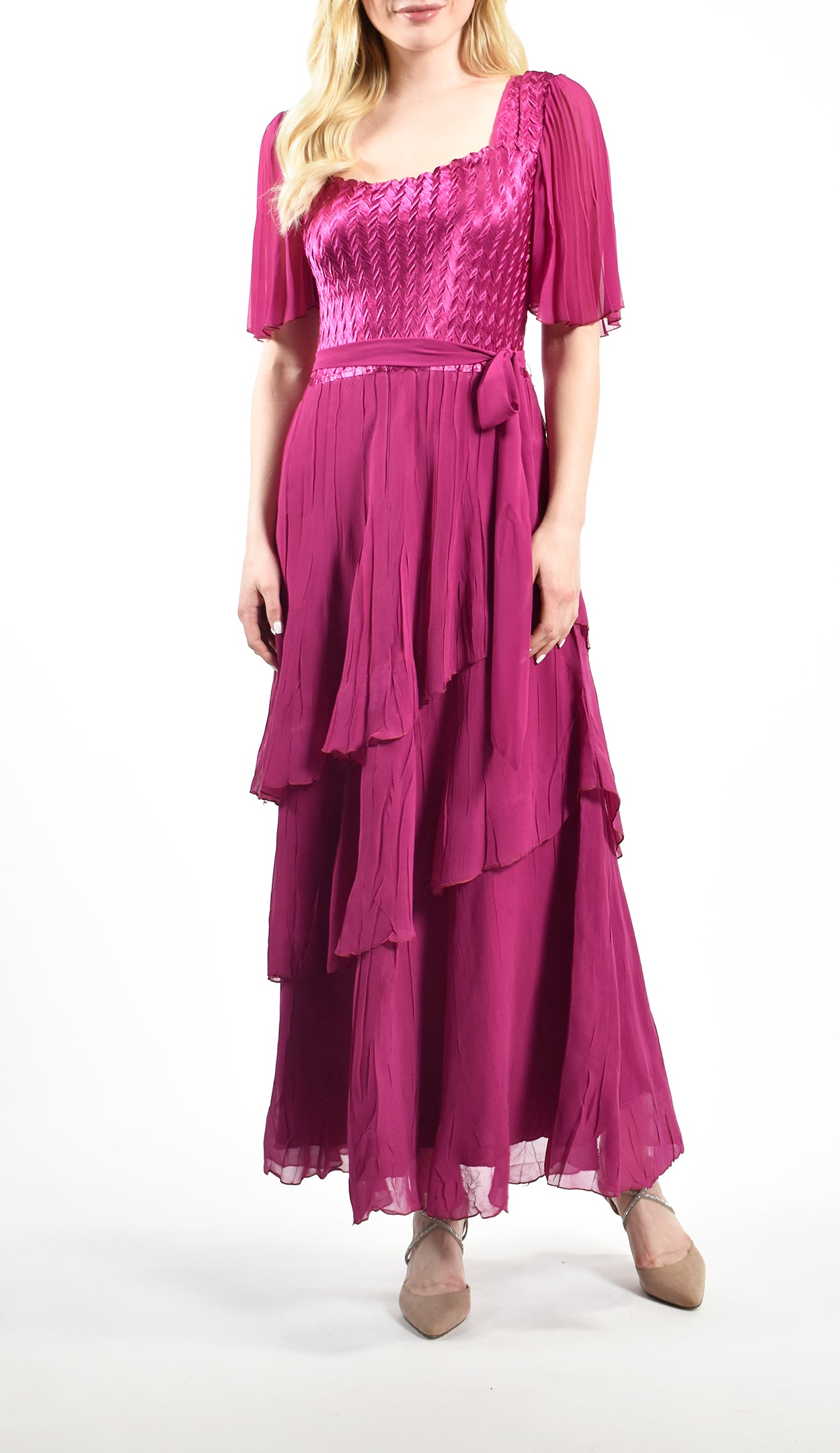 Tiered Gown with Belt and Chiffon Sleeve