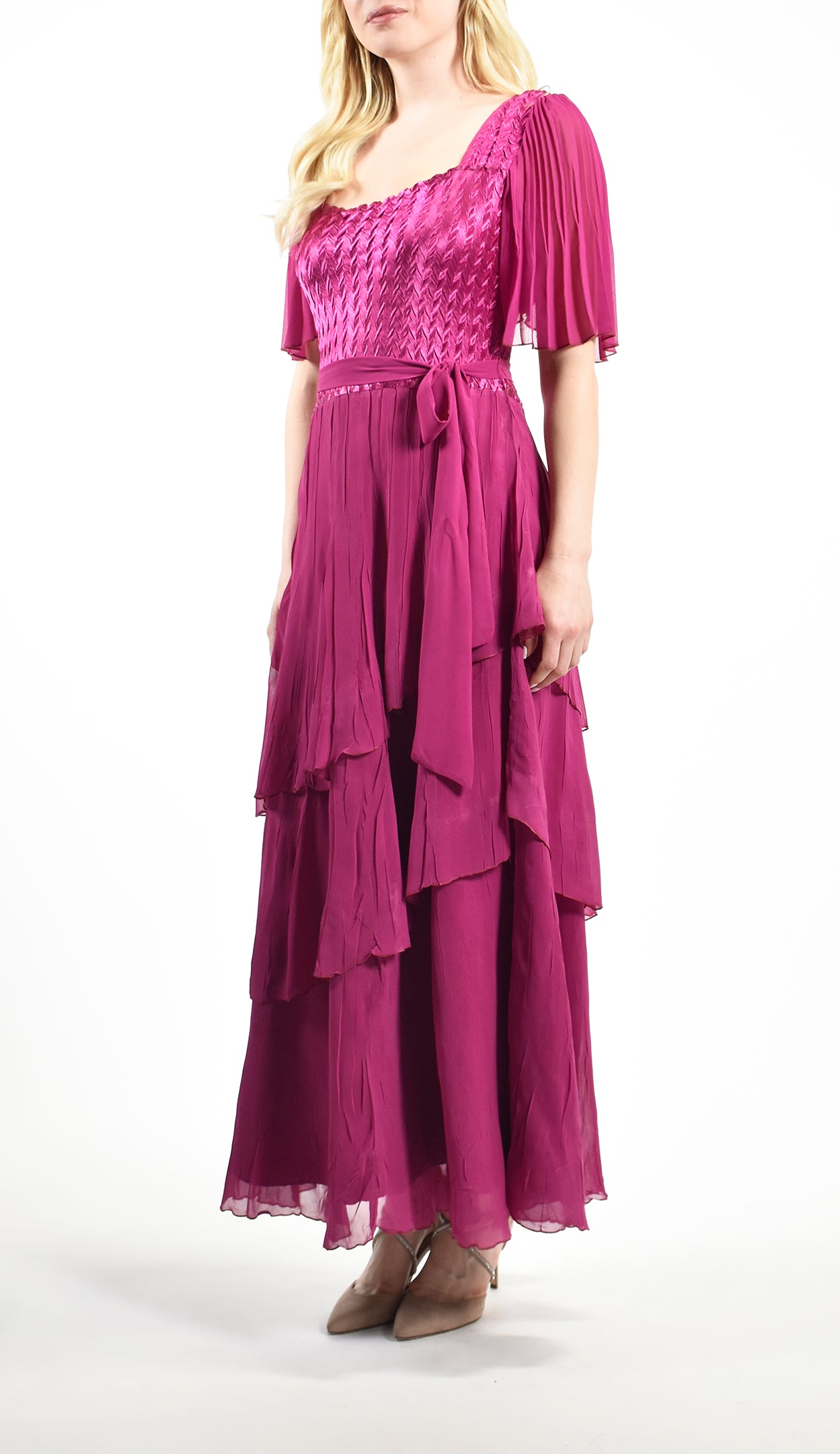 Tiered Gown with Belt and Chiffon Sleeve