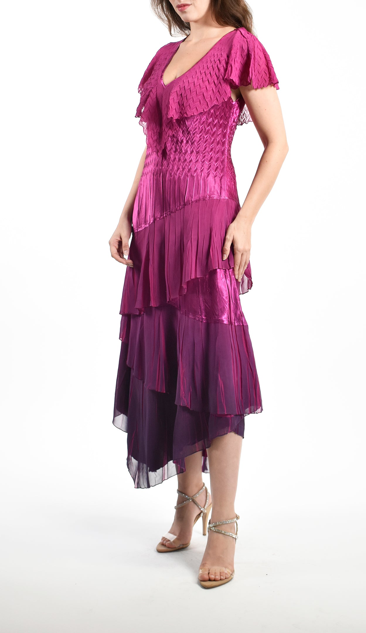 Flutter Sleeves Tiered Chiffon Dress