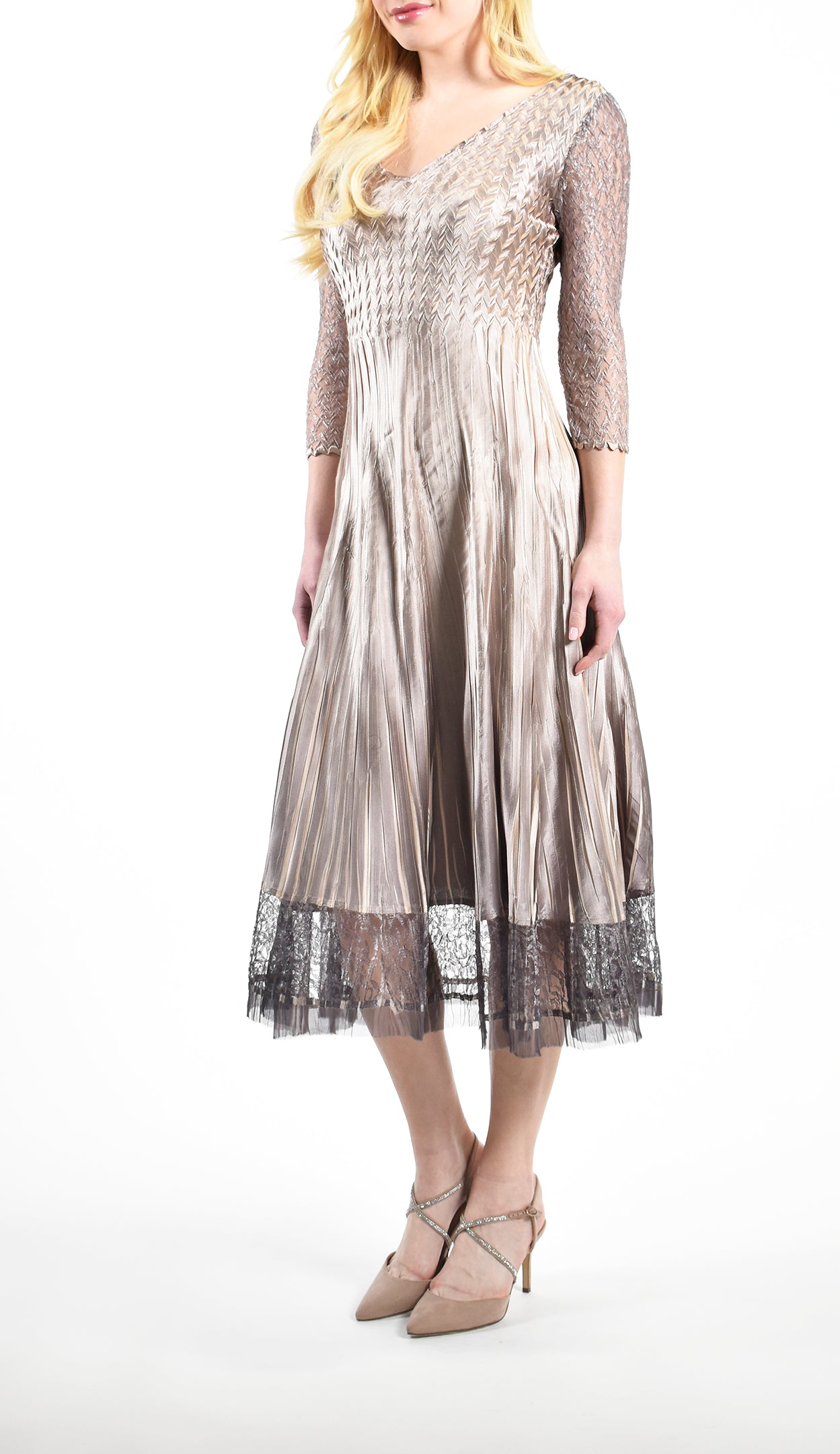 Lace Sleeve V-Neck Charmuese Dress